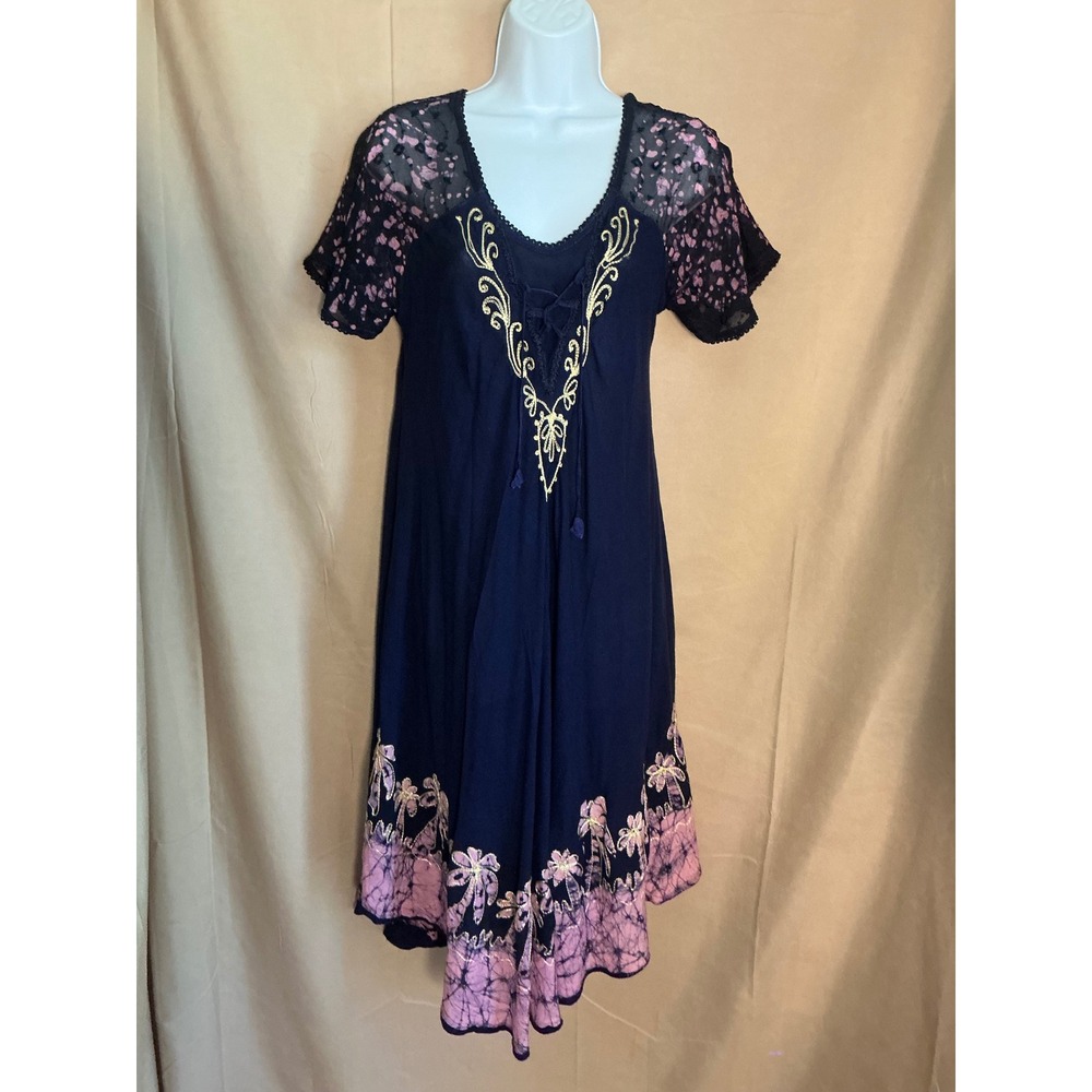 Highness Batik Palm Tree Dress Womens One Size Navy Blue Excellent Embroidered